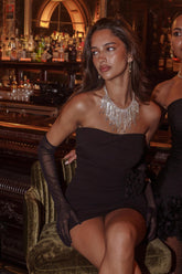 Sasha Cascade Ruffle Rosette Mini Dress Black